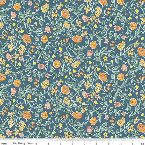 Image of Craft Garden May&#39;s Flowers quilting cotton fabric by Liberty Fabrics for Riley Blake Designs. Features flowers on a blue background. Cute Little Fabric Shop