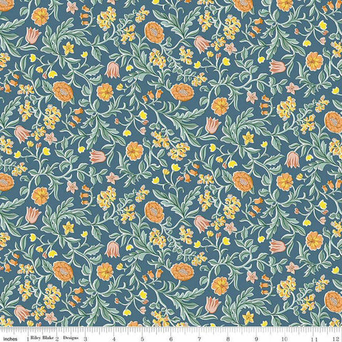 Image of Craft Garden May&#39;s Flowers quilting cotton fabric by Liberty Fabrics for Riley Blake Designs. Features flowers on a blue background. Cute Little Fabric Shop