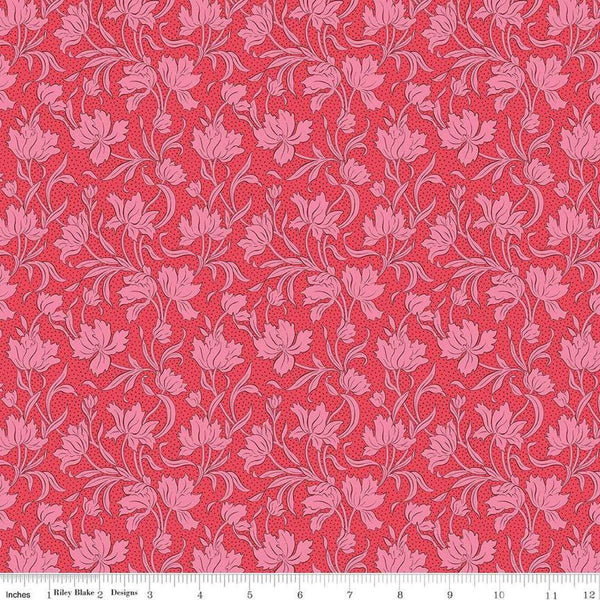 Image of Craft Garden Craft Blooms quilting cotton fabric by Liberty Fabrics for Riley Blake Designs. Features flowers on a red background. Cute Little Fabric Shop