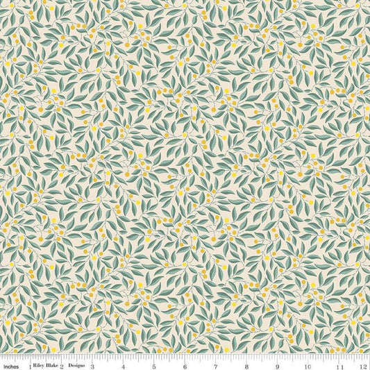 Image of Craft Garden Willow Stitch quilting cotton fabric by Liberty Fabrics for Riley Blake Designs. Features leaves on a cream background. Cute Little Fabric Shop