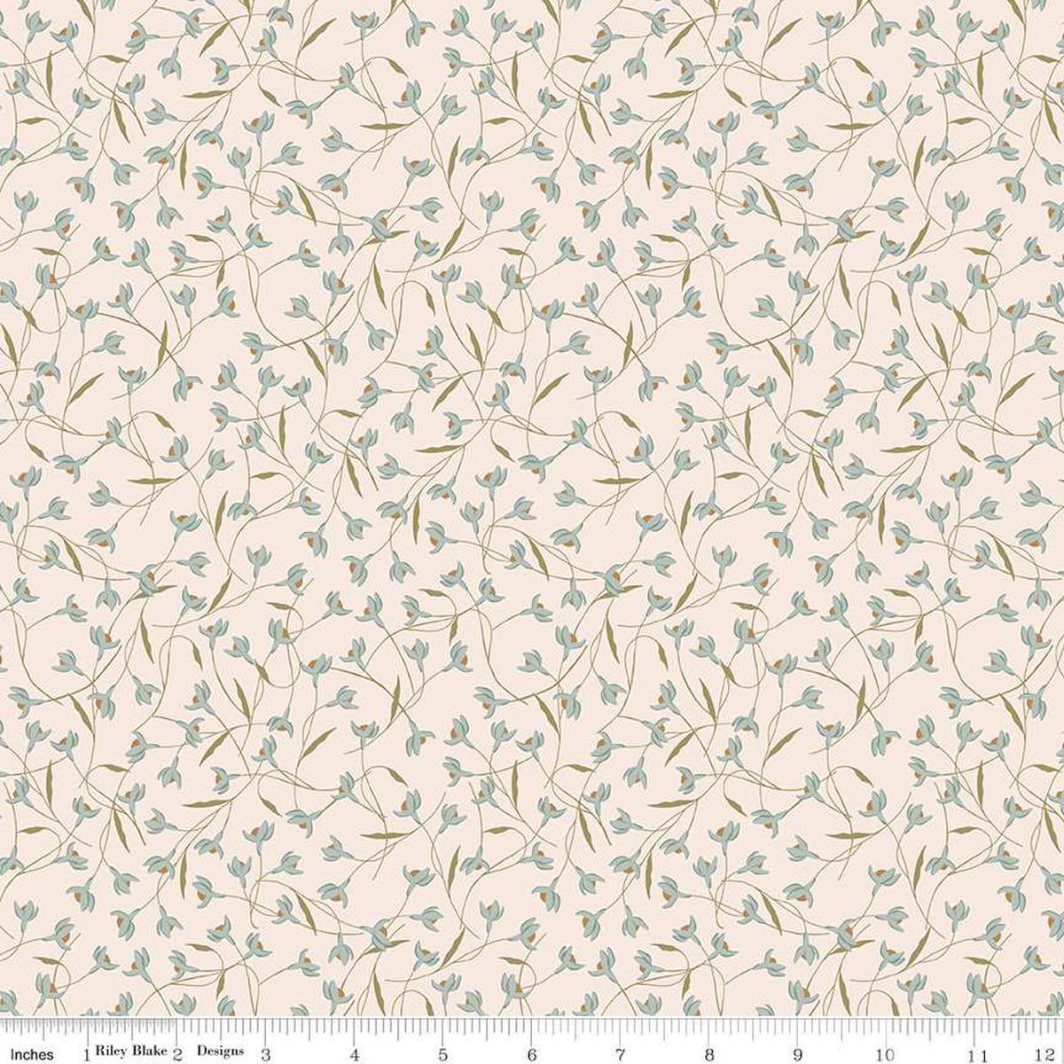 Image of Threads of Grace Snow Drop Latte quilting cotton fabric by Kassidy Grace for Riley Blake Designs. Features flowers on a cream background. Cute Little Fabric Shop