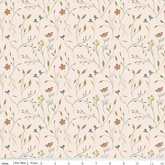 Image of Threads of Grace Main Latte quilting cotton fabric by Kassidy Grace for Riley Blake Designs. Features flowers on a cream background. Cute Little Fabric Shop