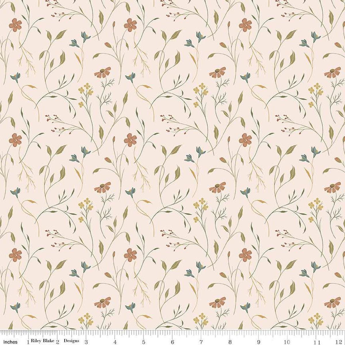 Image of Threads of Grace Main Latte quilting cotton fabric by Kassidy Grace for Riley Blake Designs. Features flowers on a cream background. Cute Little Fabric Shop