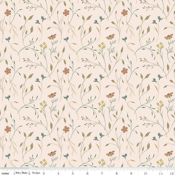 Image of Threads of Grace Main Latte quilting cotton fabric by Kassidy Grace for Riley Blake Designs. Features flowers on a cream background. Cute Little Fabric Shop