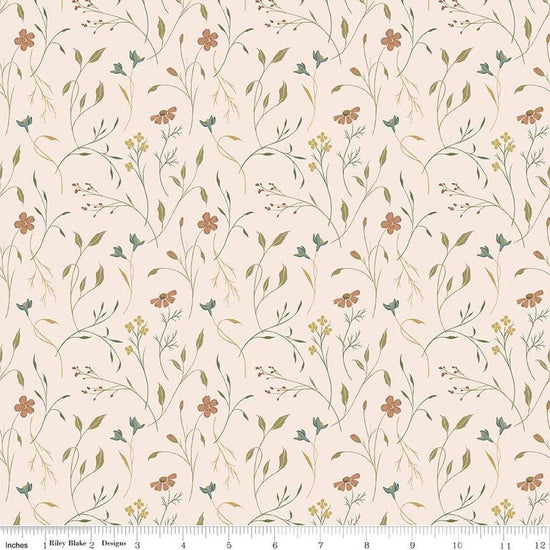 Image of Threads of Grace Main Latte quilting cotton fabric by Kassidy Grace for Riley Blake Designs. Features flowers on a cream background. Cute Little Fabric Shop