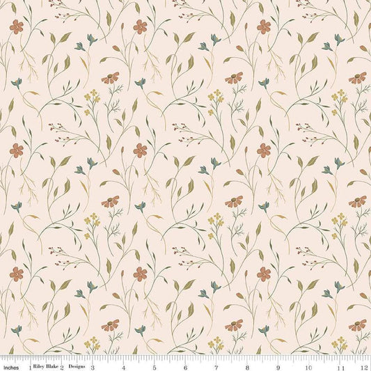Image of Threads of Grace Main Latte quilting cotton fabric by Kassidy Grace for Riley Blake Designs. Features flowers on a cream background. Cute Little Fabric Shop