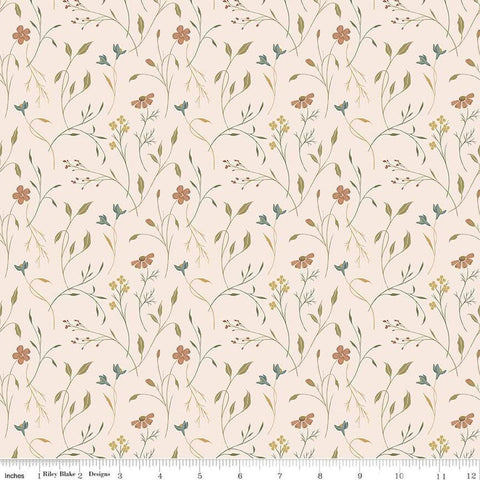 Image of Threads of Grace Main Latte quilting cotton fabric by Kassidy Grace for Riley Blake Designs. Features flowers on a cream background. Cute Little Fabric Shop