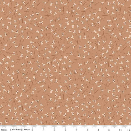 Image of Threads of Grace Snow Drop Clay quilting cotton fabric by Kassidy Grace for Riley Blake Designs. Features flowers on an orange background. Cute Little Fabric Shop