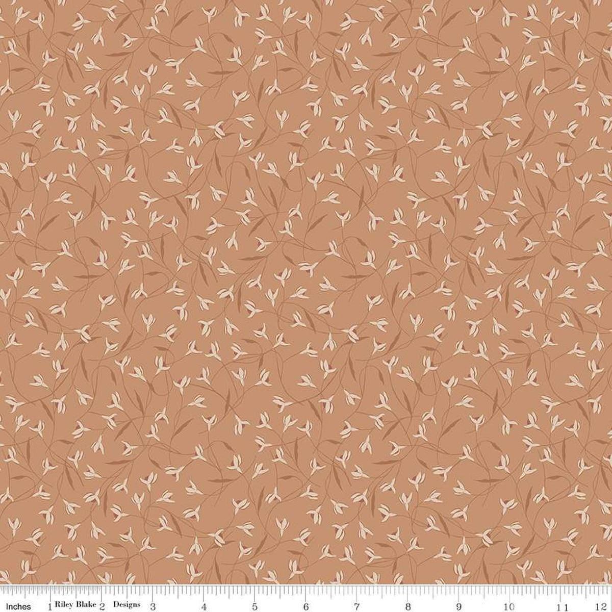 Image of Threads of Grace Snow Drop Clay quilting cotton fabric by Kassidy Grace for Riley Blake Designs. Features flowers on an orange background. Cute Little Fabric Shop