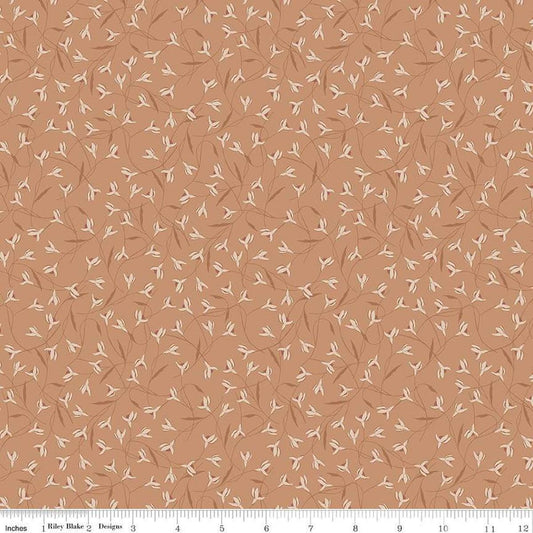 Image of Threads of Grace Snow Drop Clay quilting cotton fabric by Kassidy Grace for Riley Blake Designs. Features flowers on an orange background. Cute Little Fabric Shop