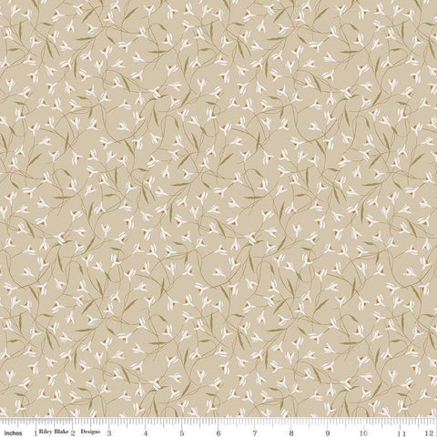 Image of Threads of Grace Snow Drop Taupe quilting cotton fabric by Kassidy Grace for Riley Blake Designs. Features flowers on a beige background. Cute Little Fabric Shop