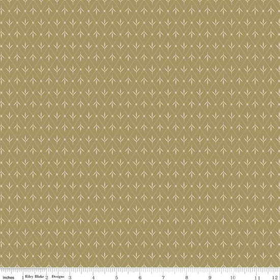Image of Threads of Grace Ivy Lemongrass quilting cotton fabric by Kassidy Grace for Riley Blake Designs. Features leaves on a green background. Cute Little Fabric Shop
