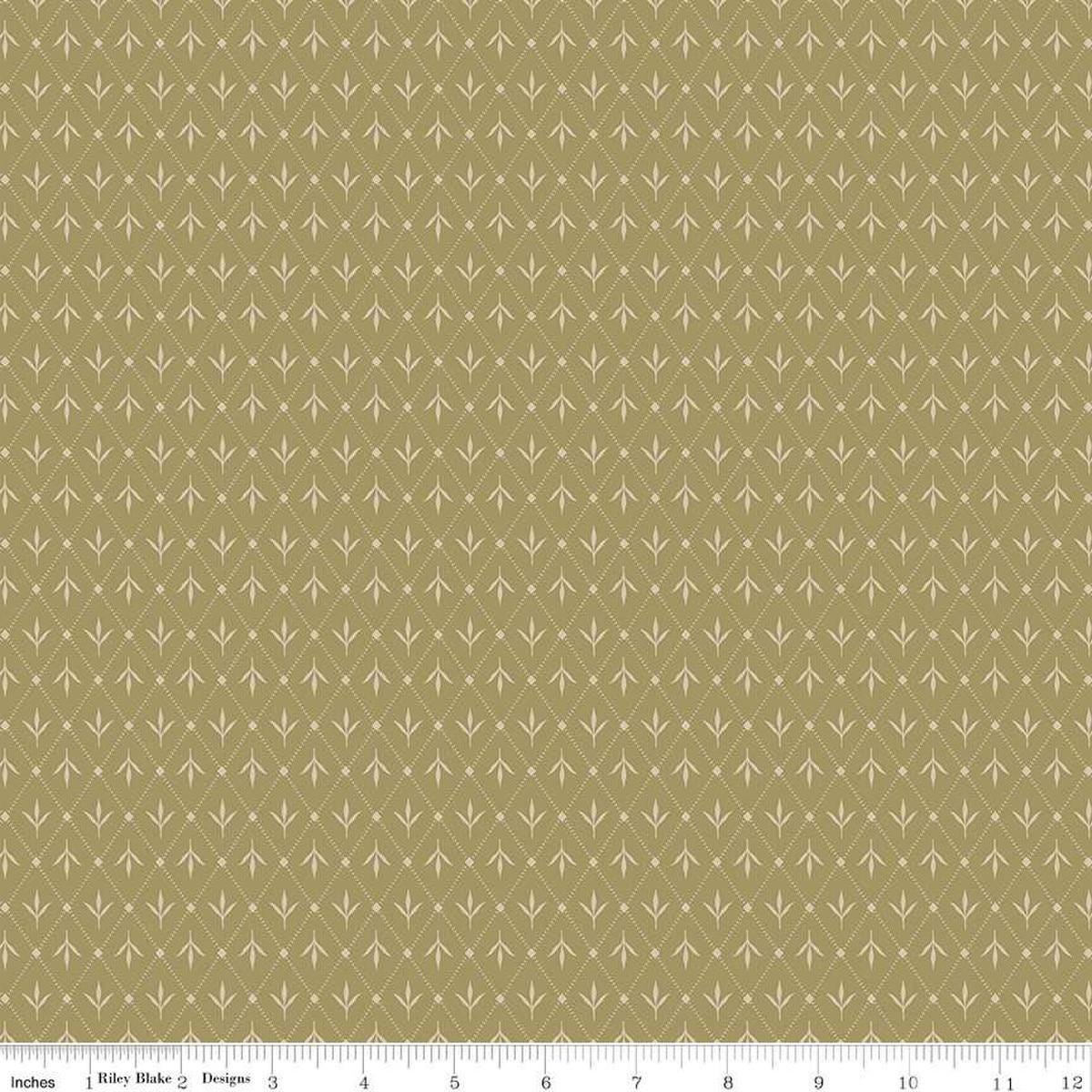 Image of Threads of Grace Ivy Lemongrass quilting cotton fabric by Kassidy Grace for Riley Blake Designs. Features leaves on a green background. Cute Little Fabric Shop