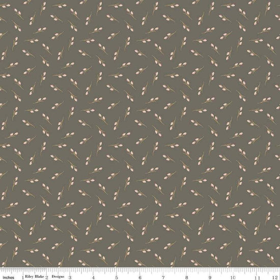 Image of Threads of Grace Toss Gray quilting cotton fabric by Kassidy Grace for Riley Blake Designs. Features cotton branches on a gray background. Cute Little Fabric Shop