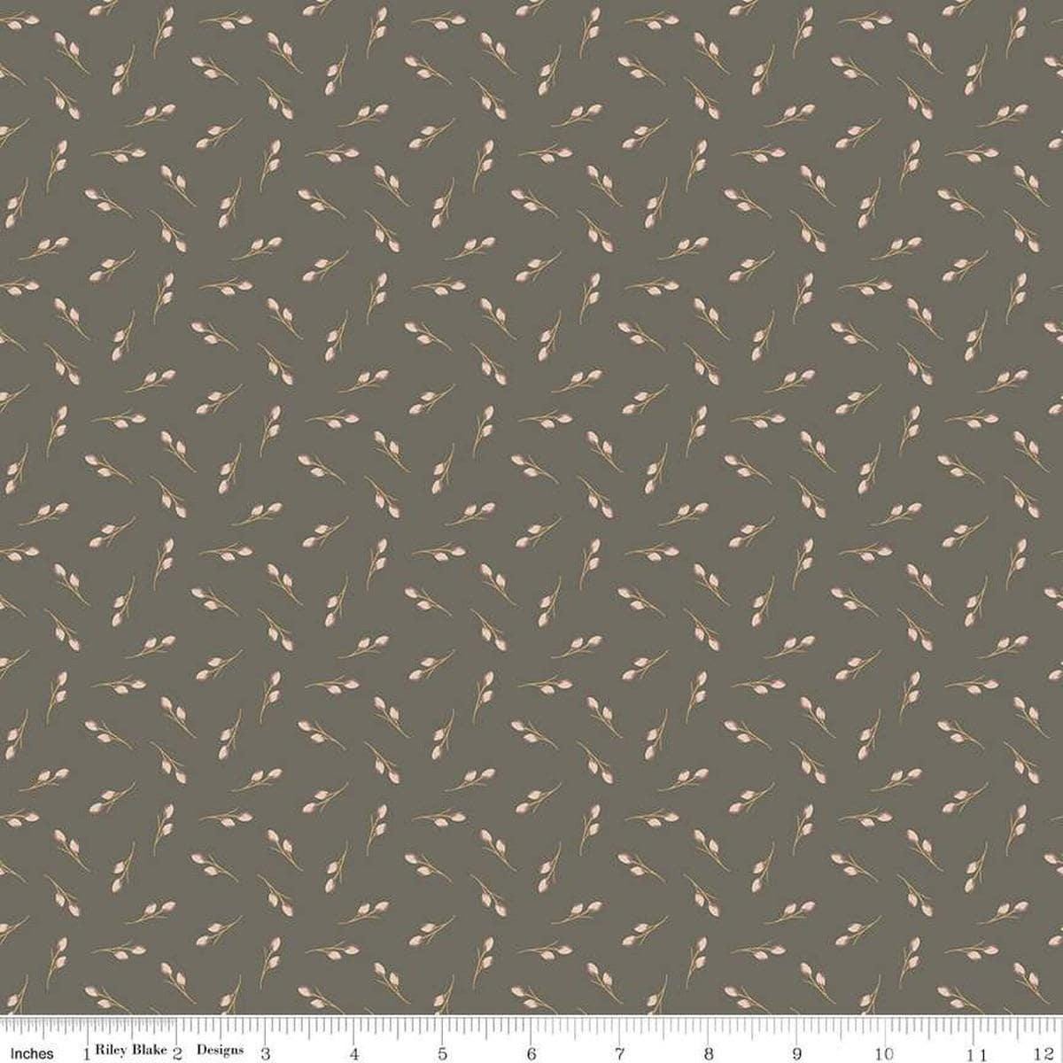 Image of Threads of Grace Toss Gray quilting cotton fabric by Kassidy Grace for Riley Blake Designs. Features cotton branches on a gray background. Cute Little Fabric Shop