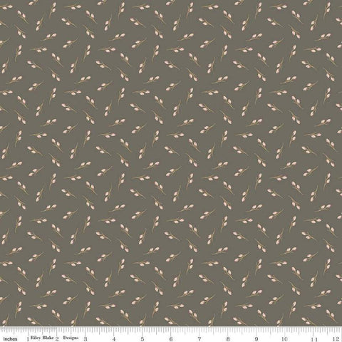 Image of Threads of Grace Toss Gray quilting cotton fabric by Kassidy Grace for Riley Blake Designs. Features cotton branches on a gray background. Cute Little Fabric Shop