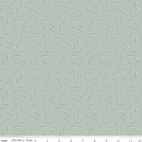 Image of Threads of Grace Toss Sky quilting cotton fabric by Kassidy Grace for Riley Blake Designs. Features cotton branches on a green background. Cute Little Fabric Shop