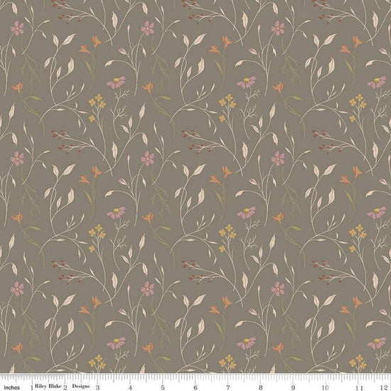 Image of Threads of Grace Main Medium Gray quilting cotton fabric by Kassidy Grace for Riley Blake Designs. Features flowers on a brown background. Cute Little Fabric Shop