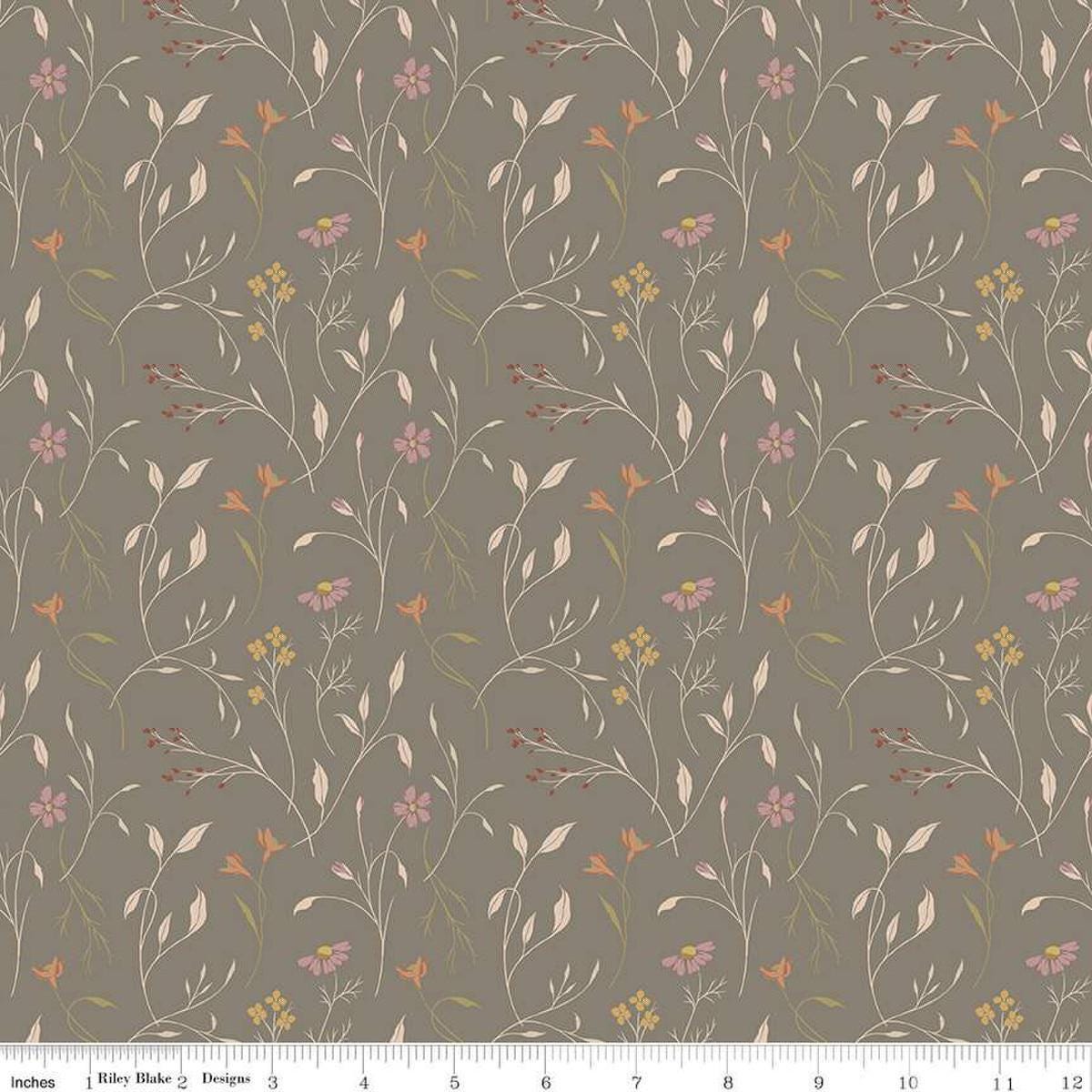 Image of Threads of Grace Main Medium Gray quilting cotton fabric by Kassidy Grace for Riley Blake Designs. Features flowers on a brown background. Cute Little Fabric Shop