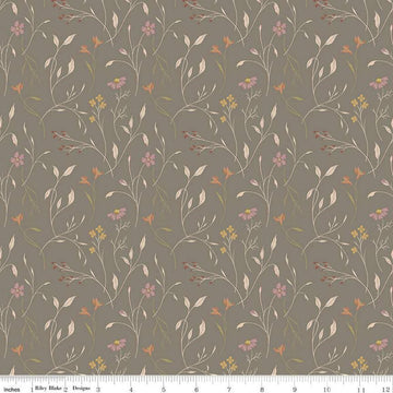 Image of Threads of Grace Main Medium Gray quilting cotton fabric by Kassidy Grace for Riley Blake Designs. Features flowers on a brown background. Cute Little Fabric Shop