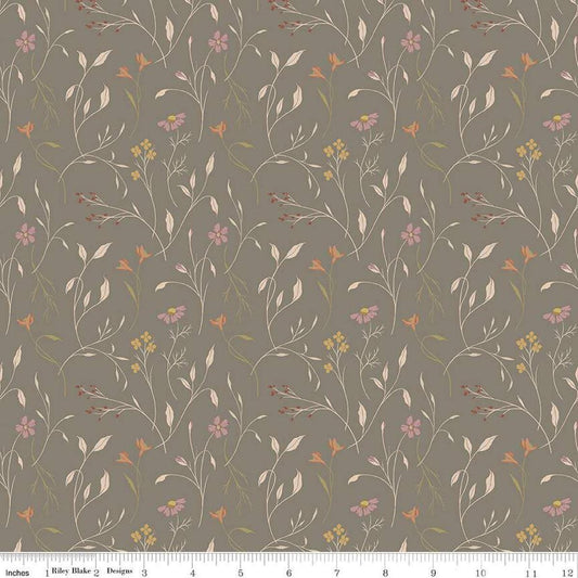Image of Threads of Grace Main Medium Gray quilting cotton fabric by Kassidy Grace for Riley Blake Designs. Features flowers on a brown background. Cute Little Fabric Shop
