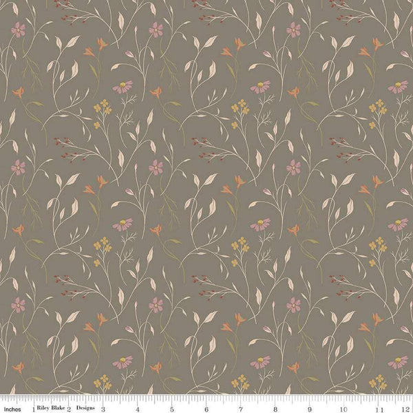 Image of Threads of Grace Main Medium Gray quilting cotton fabric by Kassidy Grace for Riley Blake Designs. Features flowers on a brown background. Cute Little Fabric Shop