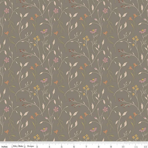 Image of Threads of Grace Main Medium Gray quilting cotton fabric by Kassidy Grace for Riley Blake Designs. Features flowers on a brown background. Cute Little Fabric Shop