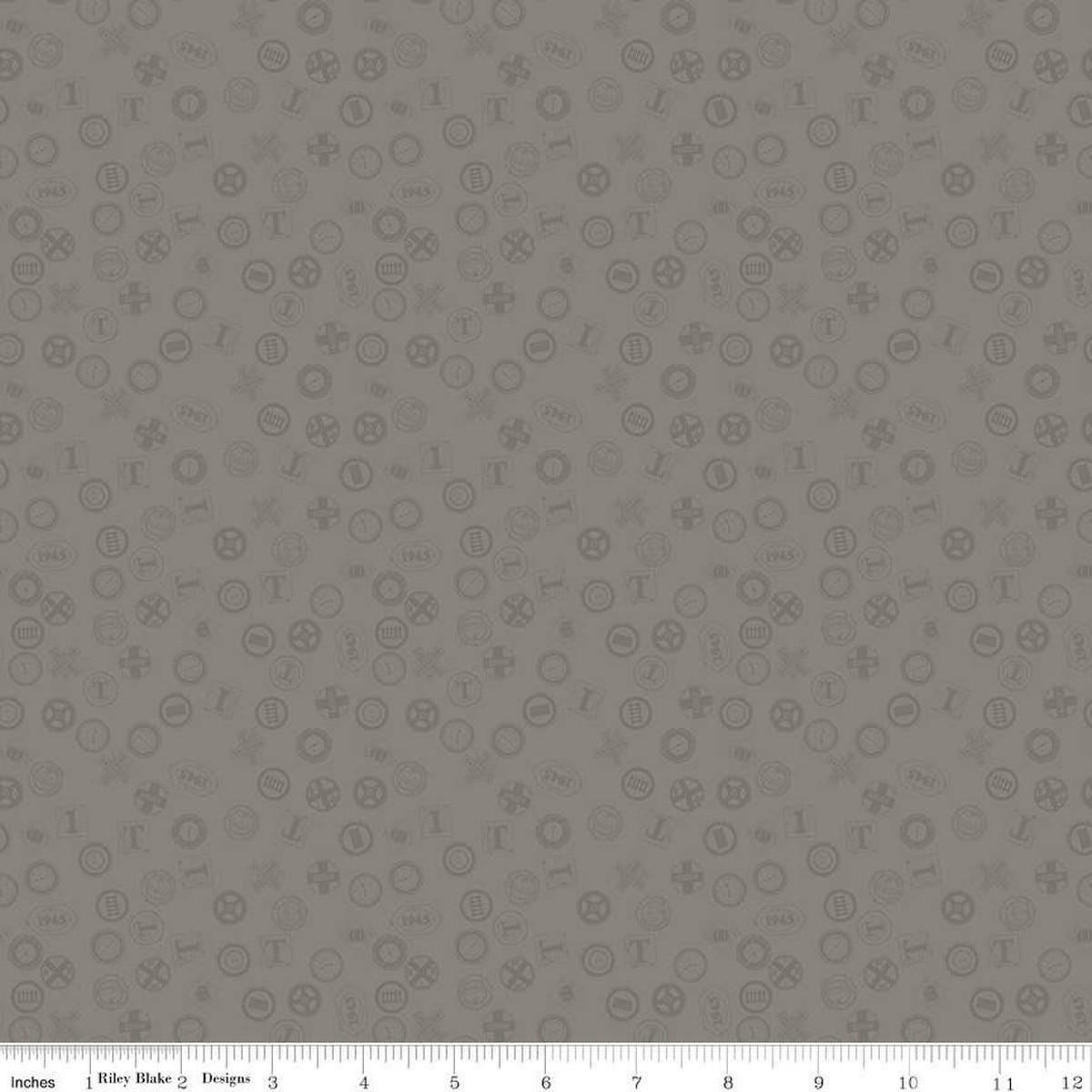 Image of Thomas & Friends™ 80th Anniversary Railroad Signs Gray quilting cotton fabric by Riley Blake Official Licensed Product for Riley Blake Designs. Features signs on a gray background. Cute Little Fabric Shop