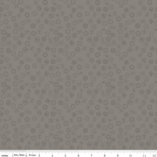 Image of Thomas & Friends™ 80th Anniversary Railroad Signs Gray quilting cotton fabric by Riley Blake Official Licensed Product for Riley Blake Designs. Features signs on a gray background. Cute Little Fabric Shop