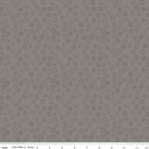 Image of Thomas & Friends™ 80th Anniversary Railroad Signs Gray quilting cotton fabric by Riley Blake Official Licensed Product for Riley Blake Designs. Features signs on a gray background. Cute Little Fabric Shop