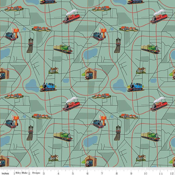 Image of Thomas & Friends™ 80th Anniversary Map Green quilting cotton fabric by Riley Blake Official Licensed Product for Riley Blake Designs. Features railroads on a green background. Cute Little Fabric Shop