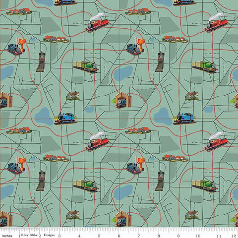 Image of Thomas & Friends™ 80th Anniversary Map Green quilting cotton fabric by Riley Blake Official Licensed Product for Riley Blake Designs. Features railroads on a green background. Cute Little Fabric Shop