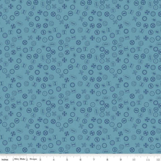 Image of Thomas & Friends™ 80th Anniversary Railroad Signs Blue quilting cotton fabric by Riley Blake Official Licensed Product for Riley Blake Designs. Features signs on a blue background. Cute Little Fabric Shop