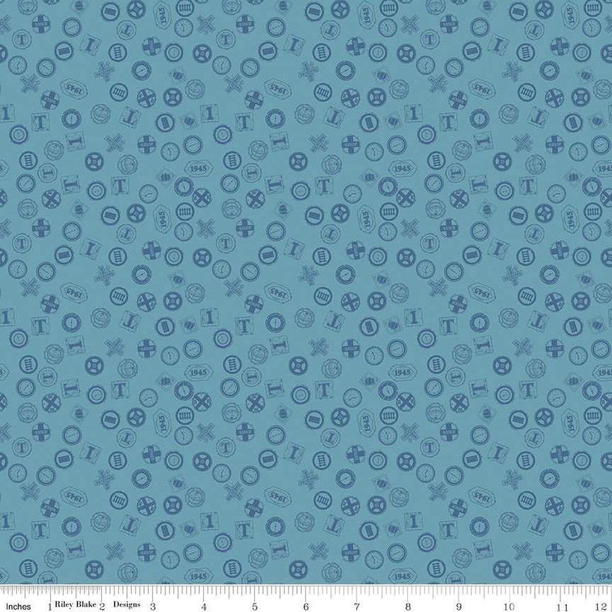 Image of Thomas & Friends™ 80th Anniversary Railroad Signs Blue quilting cotton fabric by Riley Blake Official Licensed Product for Riley Blake Designs. Features signs on a blue background. Cute Little Fabric Shop