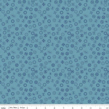 Image of Thomas & Friends™ 80th Anniversary Railroad Signs Blue quilting cotton fabric by Riley Blake Official Licensed Product for Riley Blake Designs. Features signs on a blue background. Cute Little Fabric Shop