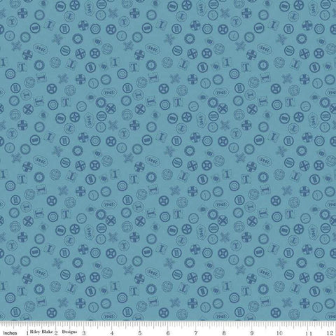 Image of Thomas & Friends™ 80th Anniversary Railroad Signs Blue quilting cotton fabric by Riley Blake Official Licensed Product for Riley Blake Designs. Features signs on a blue background. Cute Little Fabric Shop