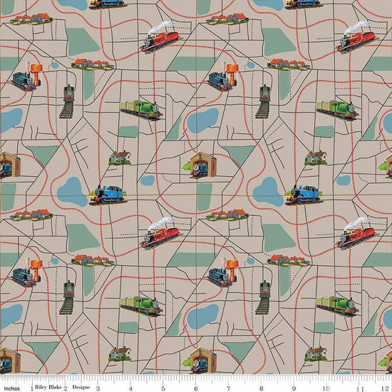 Image of Thomas & Friends™ 80th Anniversary Map Pewter quilting cotton fabric by Riley Blake Official Licensed Product for Riley Blake Designs. Features train tracks on a gray background. Cute Little Fabric Shop