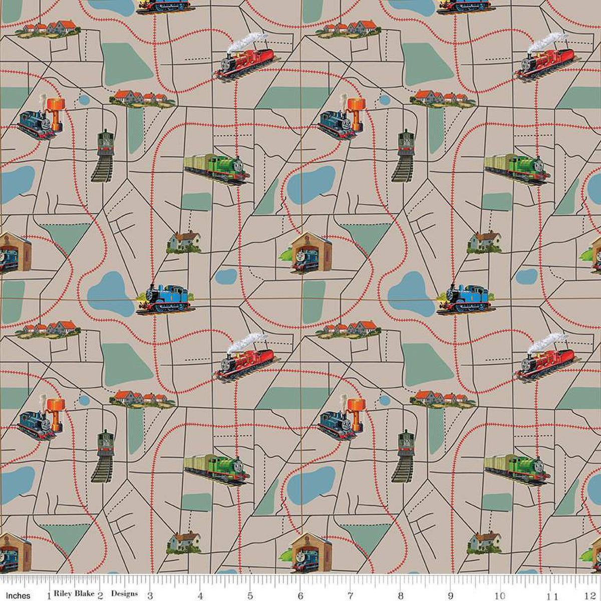 Image of Thomas & Friends™ 80th Anniversary Map Pewter quilting cotton fabric by Riley Blake Official Licensed Product for Riley Blake Designs. Features train tracks on a gray background. Cute Little Fabric Shop