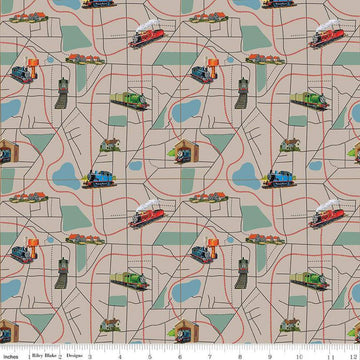 Image of Thomas & Friends™ 80th Anniversary Map Pewter quilting cotton fabric by Riley Blake Official Licensed Product for Riley Blake Designs. Features train tracks on a gray background. Cute Little Fabric Shop