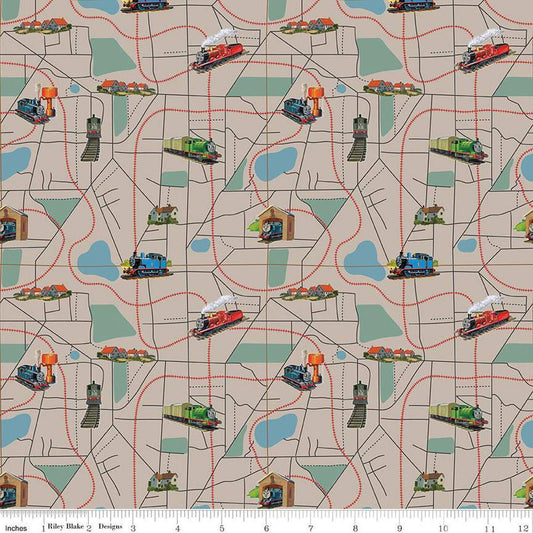 Image of Thomas & Friends™ 80th Anniversary Map Pewter quilting cotton fabric by Riley Blake Official Licensed Product for Riley Blake Designs. Features train tracks on a gray background. Cute Little Fabric Shop