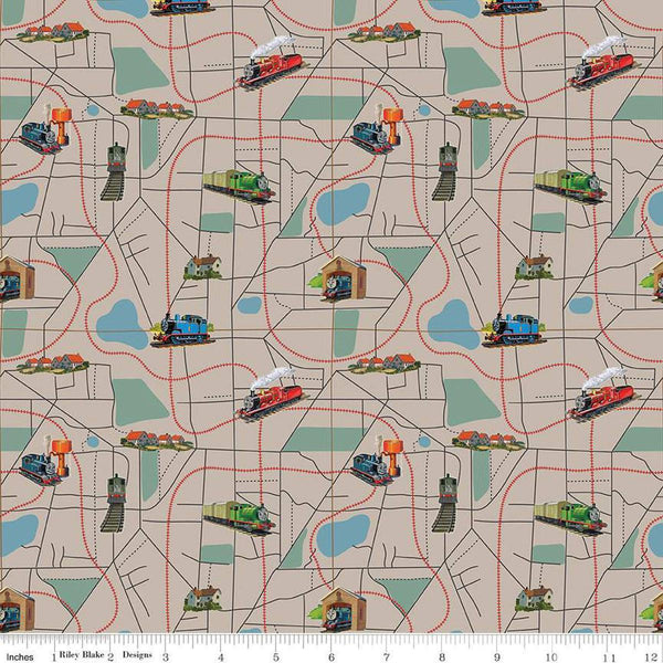 Image of Thomas & Friends™ 80th Anniversary Map Pewter quilting cotton fabric by Riley Blake Official Licensed Product for Riley Blake Designs. Features train tracks on a gray background. Cute Little Fabric Shop