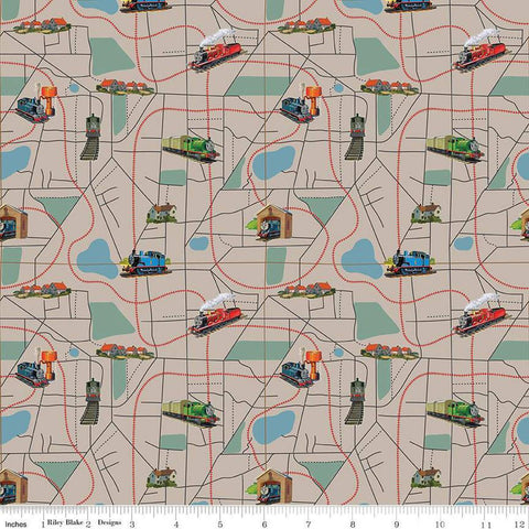Image of Thomas & Friends™ 80th Anniversary Map Pewter quilting cotton fabric by Riley Blake Official Licensed Product for Riley Blake Designs. Features train tracks on a gray background. Cute Little Fabric Shop