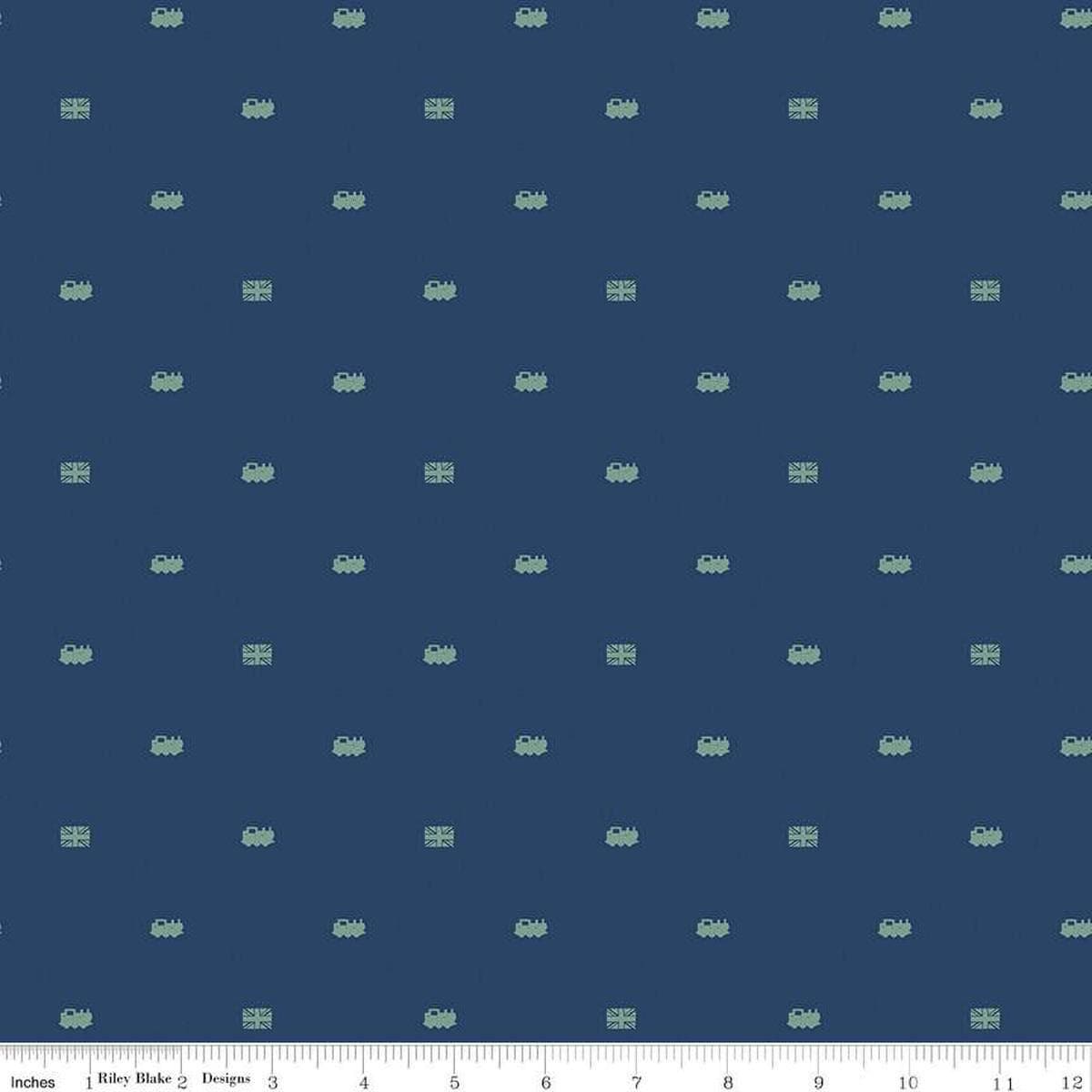 Image of Thomas & Friends™ 80th Anniversary Train Dots Navy quilting cotton fabric by Riley Blake Official Licensed Product for Riley Blake Designs. Features trains on a blue background. Cute Little Fabric Shop