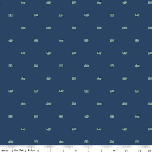 Image of Thomas & Friends™ 80th Anniversary Train Dots Navy quilting cotton fabric by Riley Blake Official Licensed Product for Riley Blake Designs. Features trains on a blue background. Cute Little Fabric Shop