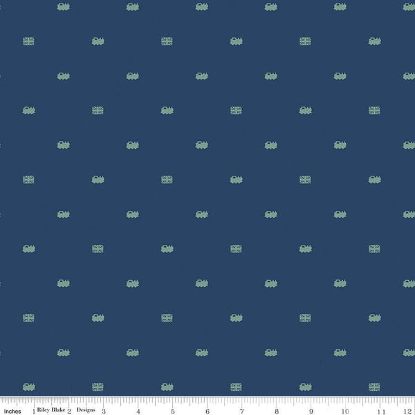 Image of Thomas & Friends™ 80th Anniversary Train Dots Navy quilting cotton fabric by Riley Blake Official Licensed Product for Riley Blake Designs. Features trains on a blue background. Cute Little Fabric Shop