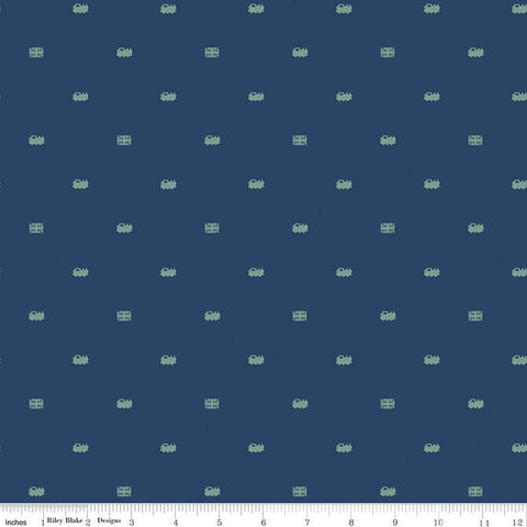 Image of Thomas & Friends™ 80th Anniversary Train Dots Navy quilting cotton fabric by Riley Blake Official Licensed Product for Riley Blake Designs. Features trains on a blue background. Cute Little Fabric Shop