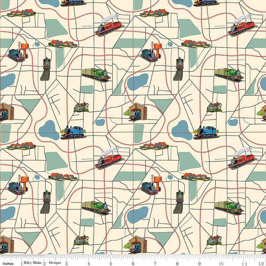 Image of Thomas & Friends™ 80th Anniversary Map Cream quilting cotton fabric by Riley Blake Official Licensed Product for Riley Blake Designs. Features train tracks on a cream background. Cute Little Fabric Shop