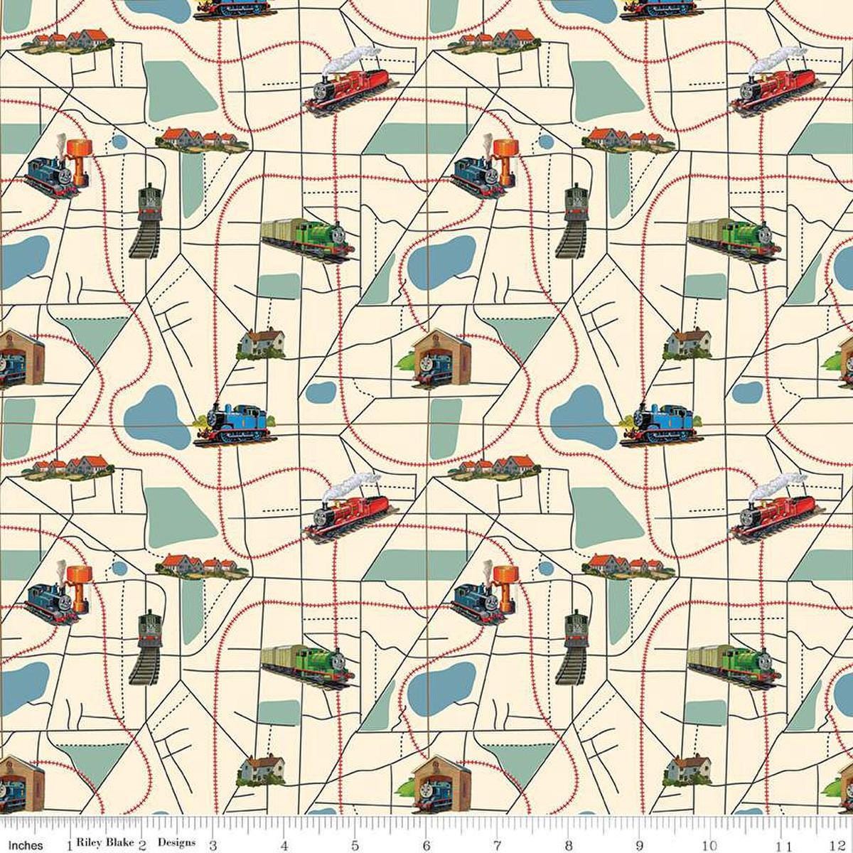 Image of Thomas & Friends™ 80th Anniversary Map Cream quilting cotton fabric by Riley Blake Official Licensed Product for Riley Blake Designs. Features train tracks on a cream background. Cute Little Fabric Shop