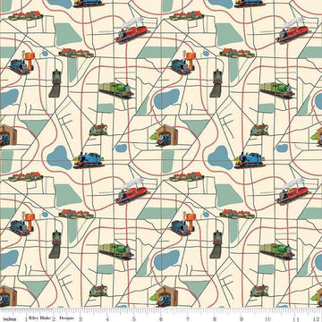 Image of Thomas & Friends™ 80th Anniversary Map Cream quilting cotton fabric by Riley Blake Official Licensed Product for Riley Blake Designs. Features train tracks on a cream background. Cute Little Fabric Shop