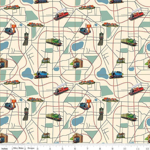 Image of Thomas & Friends™ 80th Anniversary Map Cream quilting cotton fabric by Riley Blake Official Licensed Product for Riley Blake Designs. Features train tracks on a cream background. Cute Little Fabric Shop